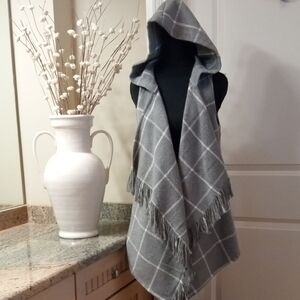 Altar'd State Gray Plaid Hooded Vest with Fringe and Pockets